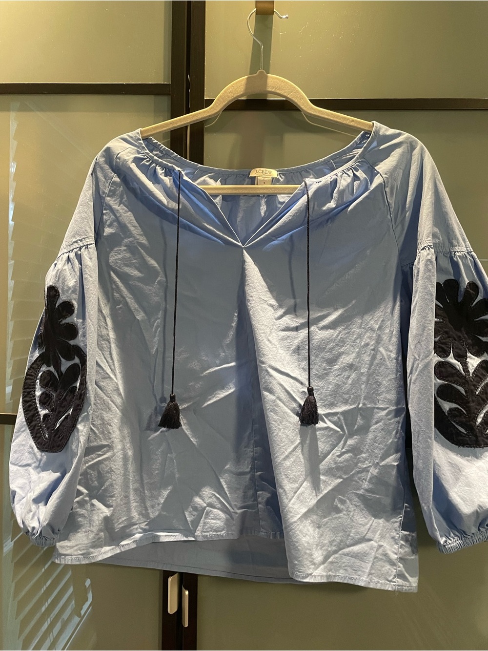J. Crew Light Blue Embroidered Peasant Blouse with Tassels